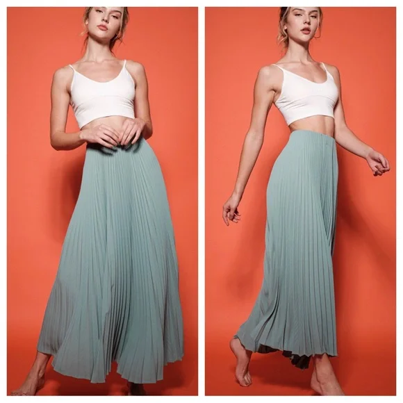 39 Boho Solid woven elastic banded waist pleated maxi skirt - Picture 4 of 6